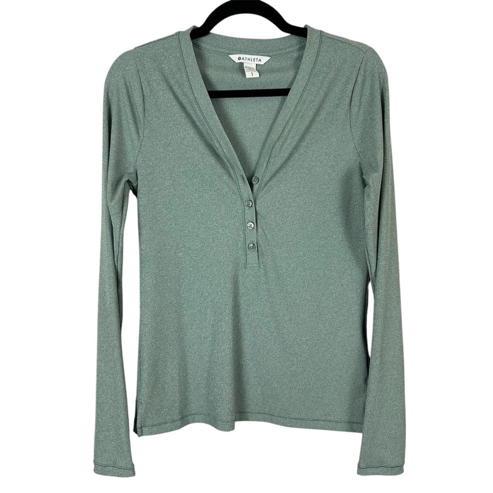 Athleta Green Uptempo Ribbed Henley Long Sleeve Top Size Small